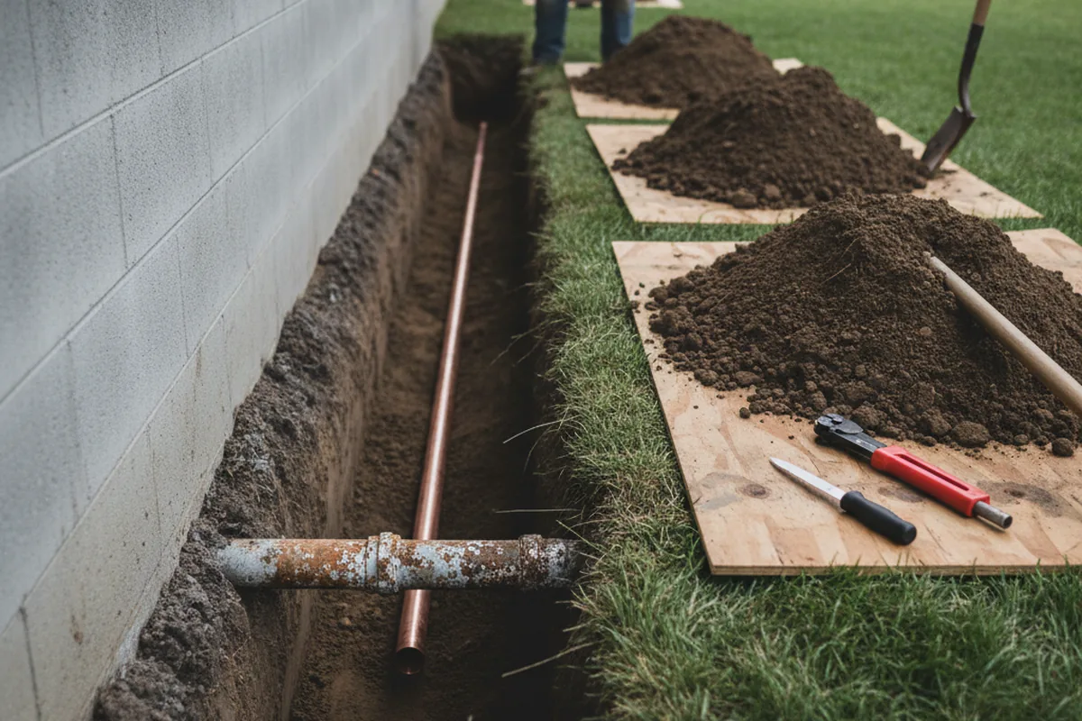 Excavated water line trench during Water Softener Installation in Rogersville